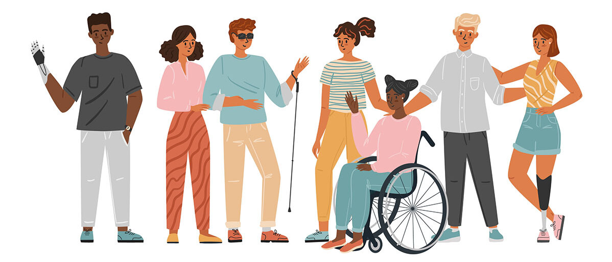 Illustration diverser Menschen mit verschiedenen Behinderungen