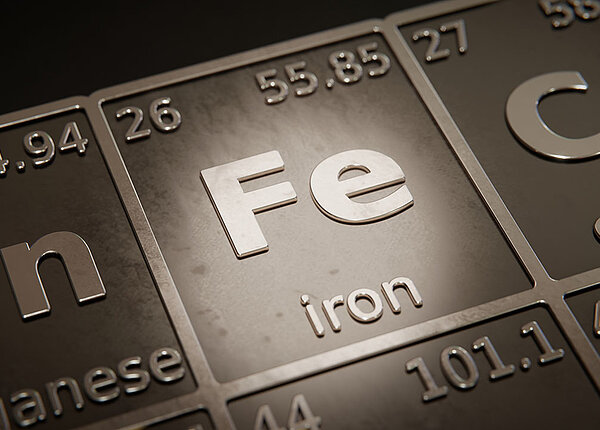 Ein Ausschnitt aus einem Periodensystem: Fe, Iron, Eisen. Das Periodensystem selbst ist auch aus Metall.