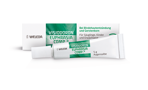 Packshot Visiodoron Euphrasia comp.: Weiße Tube mit grüner Banderole aufgedruckt, auf der wiederum weiße Schrift. Umverpackung genauso.