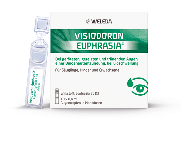 Packshot Visiodoron Euphrasia.: Einzeldosisophthiole aus Kunststoff. Weiße Verpackung, grüne Banderole aufgedruckt, auf der wiederum weiße Schrift. Umverpackung 