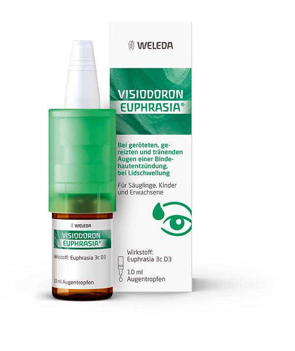 Packshot Visiodoron Euphrasia.: Braunglasflasche mit weißer Banderole, darauf grüner Banderole aufgedruckt, auf der wiederum weiße Schrift. Umverpackung genauso.