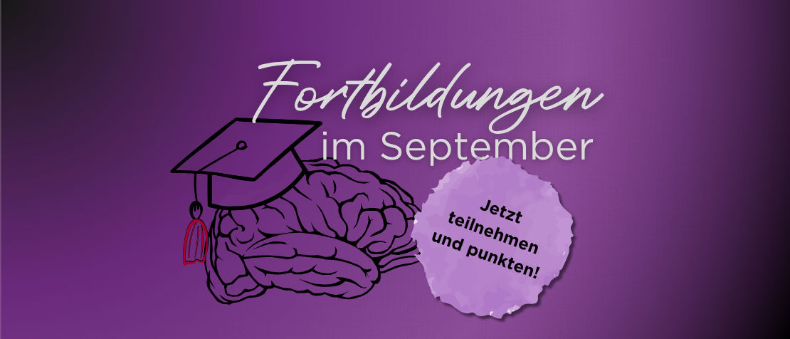 Fortbildungen fĂŒr PTA und PKA Illustration eines Gehirns mit Absolventenhut, daneben der Schriftzug âFortbildungen im Septemberâ; dazu ein Button auf dem âJetzt teilnehmen und punkten!â steht.