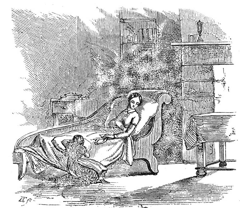 Schwarz-weiß Zeichnung. Frau liegt in ihrem Bett und eine Dienerin kniet an ihrem Bett.
