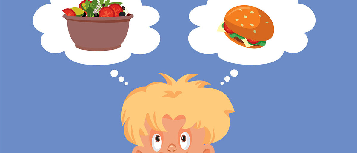 Kind denkt über gesundes und ungesundes Essen nach Cartoon Darstellung