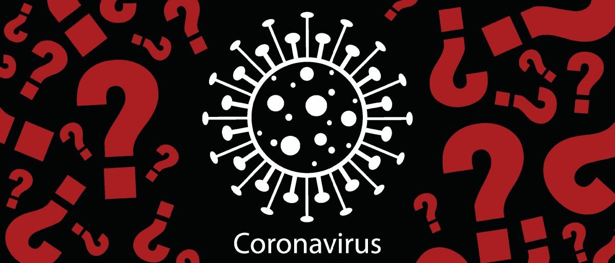 Grafische Darstellung des Coronavirus mit einigen Fragezeichen darum