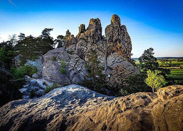 Die Teufelsmauer im Harz bei Blankenburg: Die Felsformation sieht aus wie eine Wand mit Zacken.