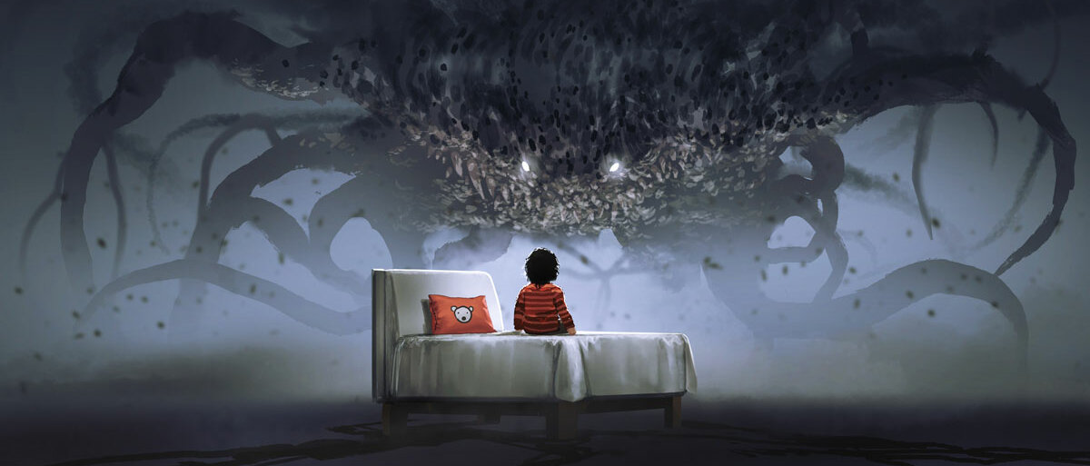Eine Zeichnung von einem Kind, das im Dunkeln auf seinem Bett sitzt und ein übergroßes Monster mit leuchtenden Augen und zahlreichen Tentakeln anschaut.