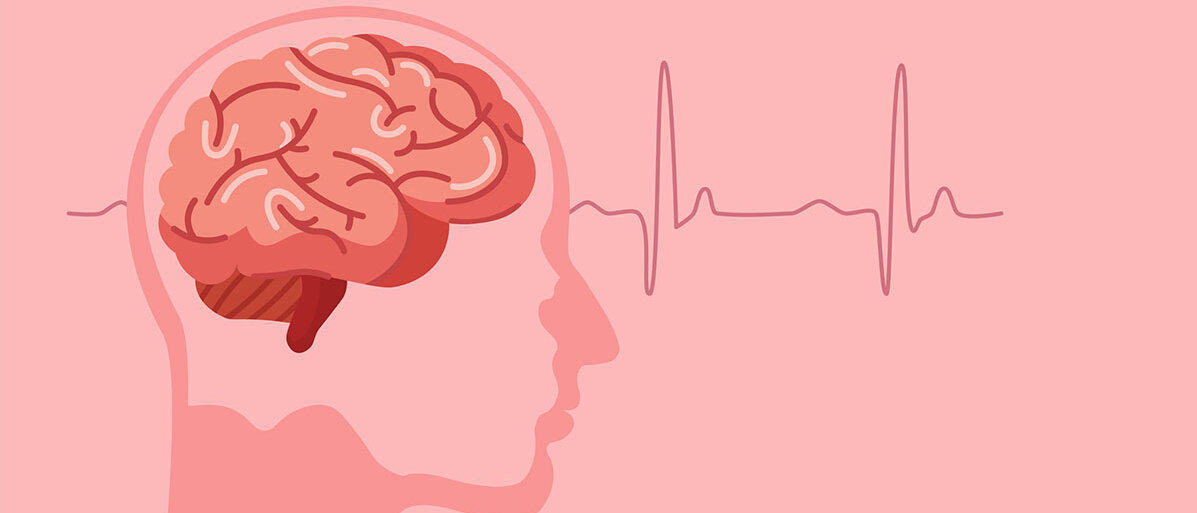 Gezeichner Kopf, das Gehirn ist rot dargestellt und rechts nebendram Gehirnstroeme auf rosa Hintergrund