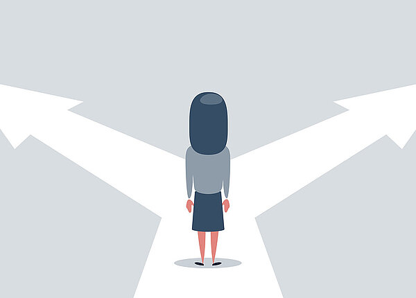 Vektor-Illustration. Frau steht an der Kreuzung mit zwei Pfeilen und Richtungen