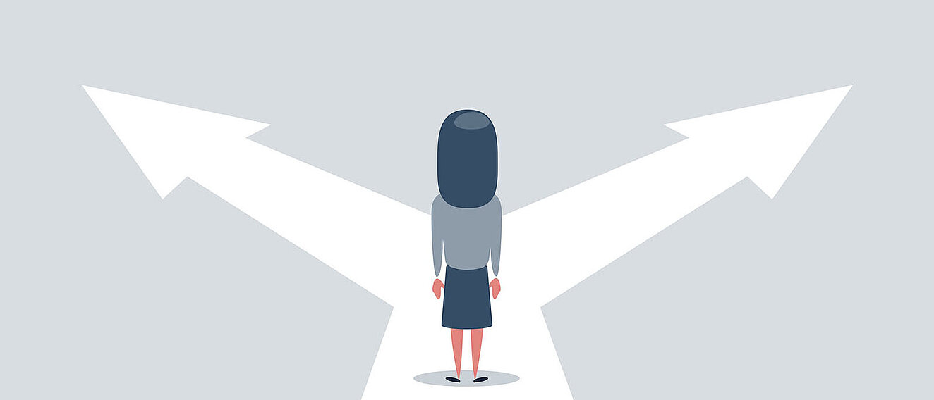 Vektor-Illustration. Frau steht an der Kreuzung mit zwei Pfeilen und Richtungen