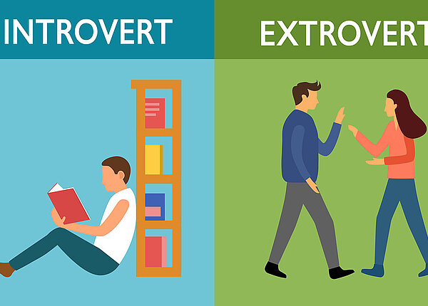 Vektor-Illustration über einen introvertierten Menschen, der vor einem Regal sitzt und ein Buch liest und extrovertierten Menschen, die sich treffen und reden.
