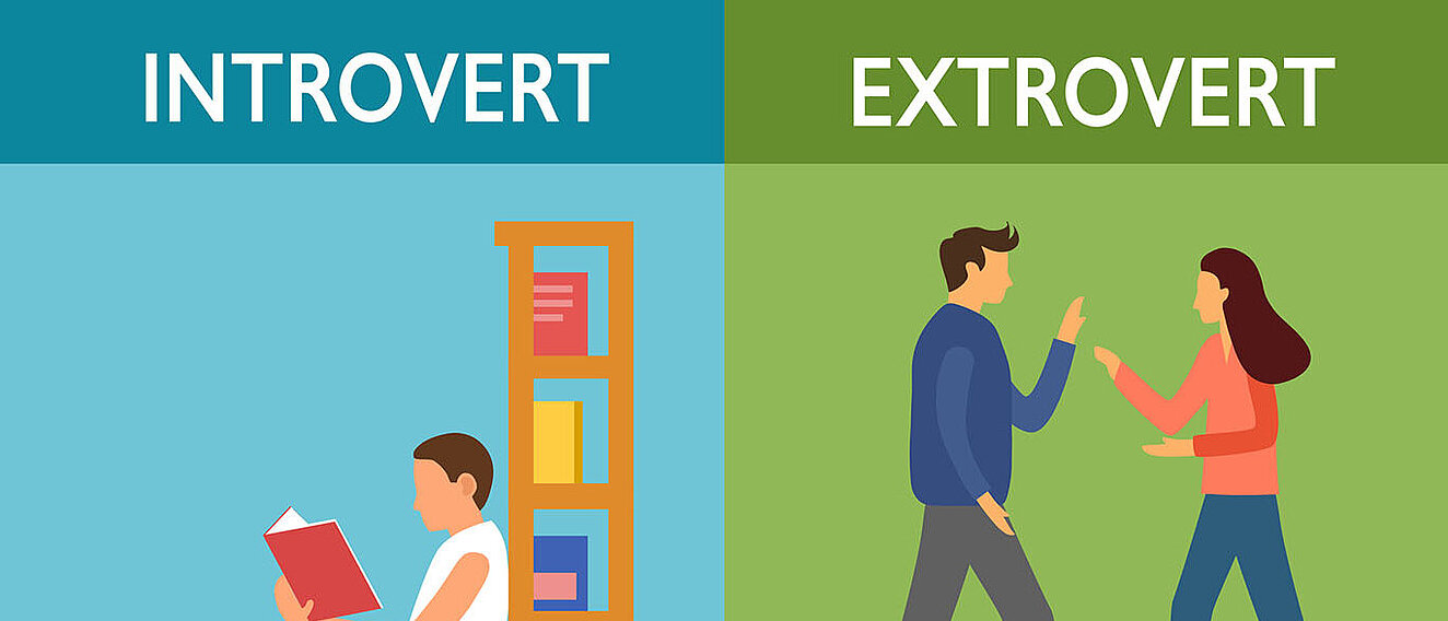 Verschiedene Persönlichkeitstypen verstehen Vektor-Illustration über einen introvertierten Menschen, der vor einem Regal sitzt und ein Buch liest und extrovertierten Menschen, die sich treffen und reden.