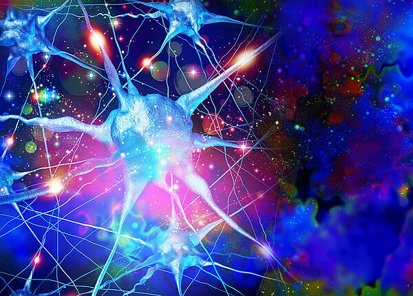 Eine leuchtende Nervenzelle steht in Verbindung mit anderen Nervenzellen und sie tauschen noch hellere Signale aus. Der Hintergrund ist psychedelisch bunt.