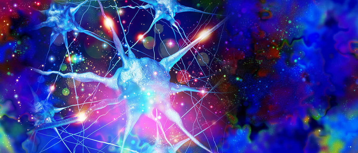 Eine leuchtende Nervenzelle steht in Verbindung mit anderen Nervenzellen und sie tauschen noch hellere Signale aus. Der Hintergrund ist psychedelisch bunt.
