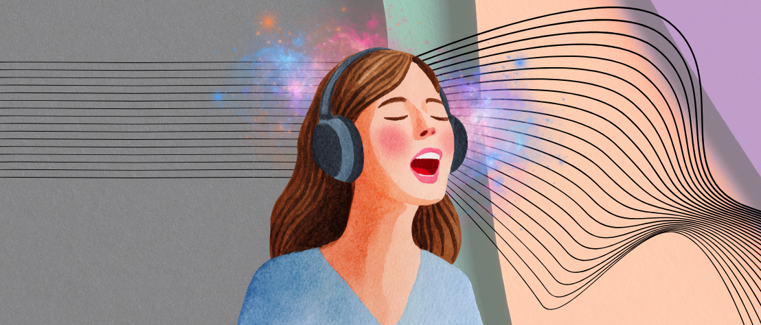 Autismus und ADHS zusammen bezeichnet man auch als AuDHS – bei Frauen besonders schwer zu diagnostizieren Eine Frau mit Kopfhörern und geschlossenen Augen ruft oder singt. Im Hintergrund ist auf ihrer linken Seite alles grau und Linien sind geordnet, auf ihrer rechten Seite ist alles bunt und Linien verlaufen wild.