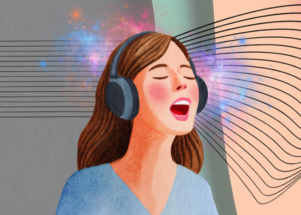 Autismus und ADHS zusammen bezeichnet man auch als AuDHS – bei Frauen besonders schwer zu diagnostizieren Eine Frau mit Kopfhörern und geschlossenen Augen ruft oder singt. Im Hintergrund ist auf ihrer linken Seite alles grau und Linien sind geordnet, auf ihrer rechten Seite ist alles bunt und Linien verlaufen wild.
