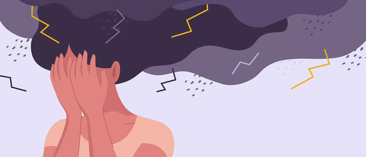 Illustration einer verzweifelten Frau, deren Haare in ein Unwetter mit Blitzen übergehen.