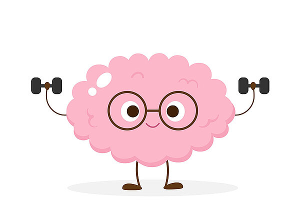 Cartoon Darstellung Gehirn in rosa mit Beinen und die Arme halten jeweils eine Hantel hoch