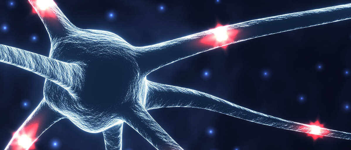 Natriumkanalblocker: So wirken sie an den Natriumkanälen Nervenzelle, an deren Axonen rote Punkte aufleuchten, um ein elektrisches Signal zu symbolisieren.