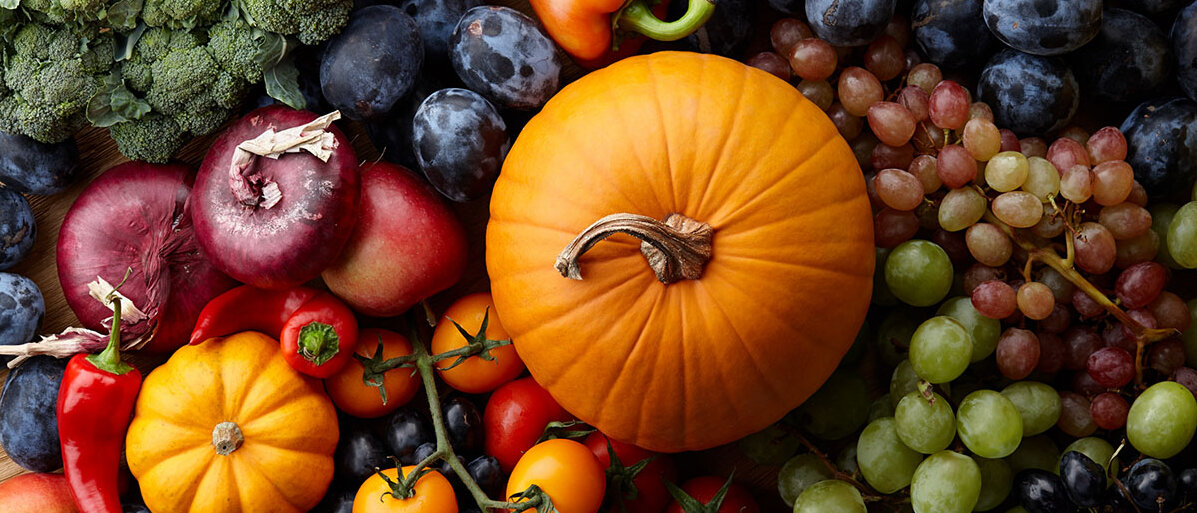 Gesunde und bewusste Ernährung Verschiedene Früchte aus der kalten Jahreszeit wie Kürbisse und Pflaumen