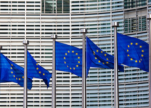 viele gehisste EU-Flaggen vor dem EU-Parlament