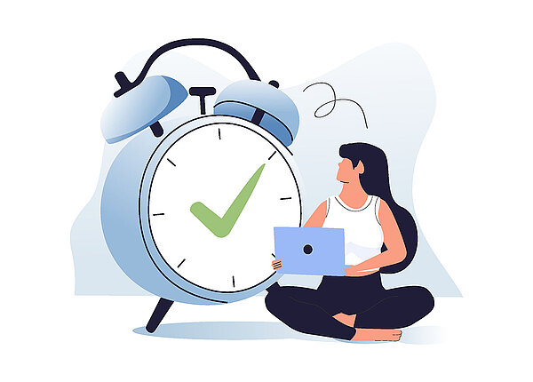 Grafik junge Frau sitzt mit ihrem Laptop neben einem Wecker