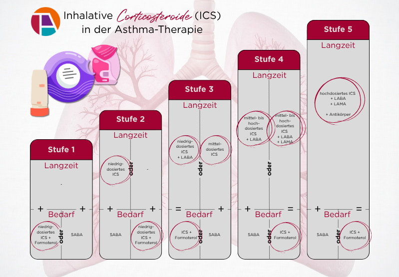 Stufenschema der medikamentösen Asthma-Therapie bei Erwachsenen, die ICS sind jeweils eingekreist.