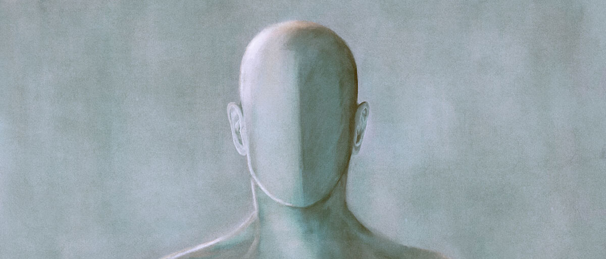 Ein Gemälde von einer Person in grauen Farben. Die Person hat keine Gesichtsmerkmale und keinen Gesichtsausdruck.