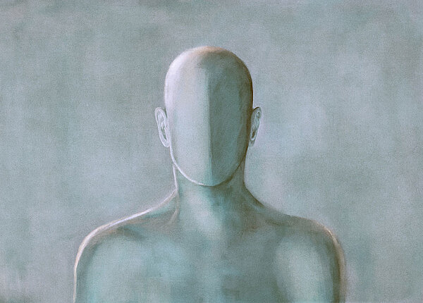 Ein Gemälde von einer Person in grauen Farben. Die Person hat keine Gesichtsmerkmale und keinen Gesichtsausdruck.