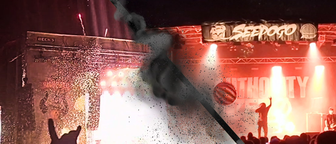 Festivals 2025: Seepogo und Highfield Collage aus zwei Fotos: Links die Bühnenshow von Electric Callboy auf dem Highfield mit Konfettikanone und Feuerwerk, rechts die Show von Authority Zero auf dem Seepogo mit großem Wasserball