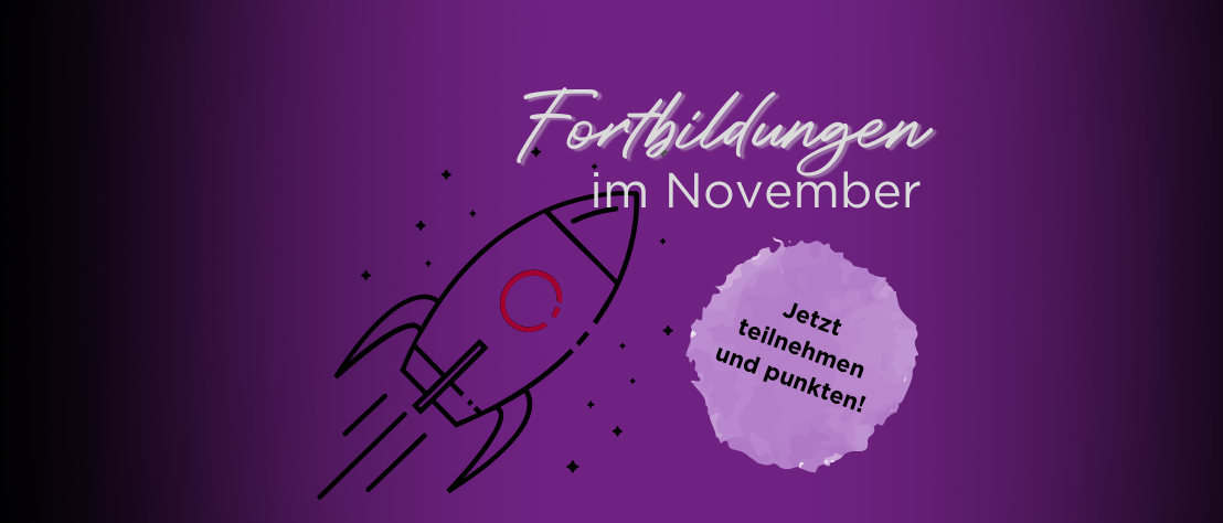 Fortbildungen für PTA und PKA Illustration einer Rakete „Fortbildungen im November“; dazu ein Button auf dem „Jetzt teilnehmen und punkten!“ steht.