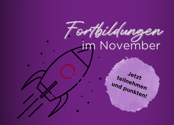 Fortbildungen für PTA und PKA Illustration einer Rakete „Fortbildungen im November“; dazu ein Button auf dem „Jetzt teilnehmen und punkten!“ steht.