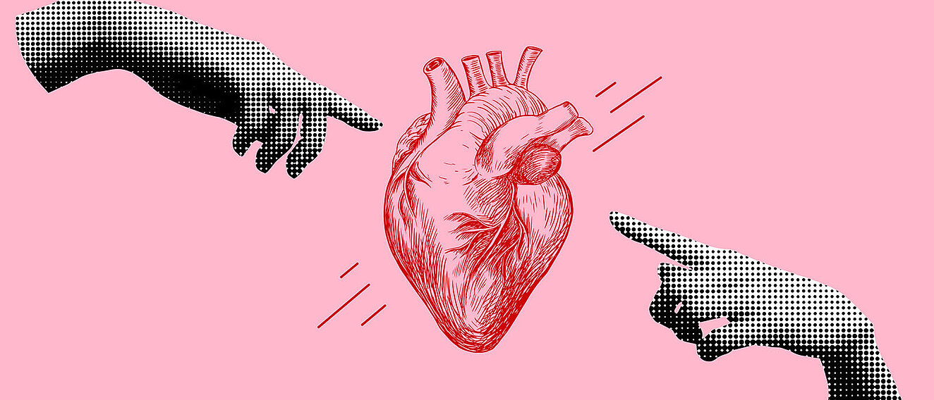 Tipps fĂĽr die Herzvorsorge Moderne Collage von einem menschlichen Herzen, auf das seitlich jeweils ein Finger einer Hand zeigt.