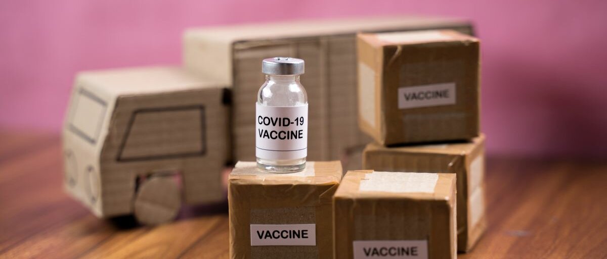 Ein aus Pappe gebastelter Lieferwagen vor dem eine Impfstoff-Ampulle steht.