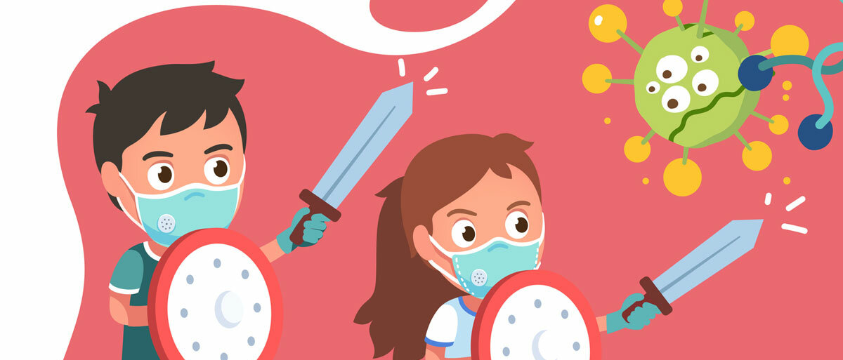 Zwei Kinder kämpfen mit Schwert und Schild gegen ein übergroßes Coronavirus.