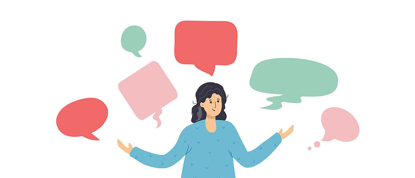 Graphische Darstellung einer Frau. Um sie herum sind verschiedene bunte Sprechblasen.