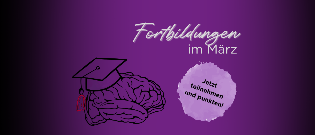 Fortbildungen für PTA und PKA Illustration einer eines Gehirns mit Absolventenhut „Fortbildungen im März“; dazu ein Button auf dem „Jetzt teilnehmen und punkten!“ steht.