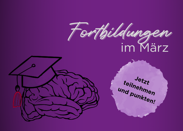 Fortbildungen für PTA und PKA Illustration einer eines Gehirns mit Absolventenhut „Fortbildungen im März“; dazu ein Button auf dem „Jetzt teilnehmen und punkten!“ steht.