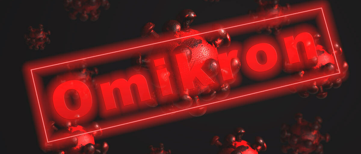 schwarzer Hintergrund mit dunkelroten Coronaviren und dem leuchtend roten Schriftzug "OMIKRON"