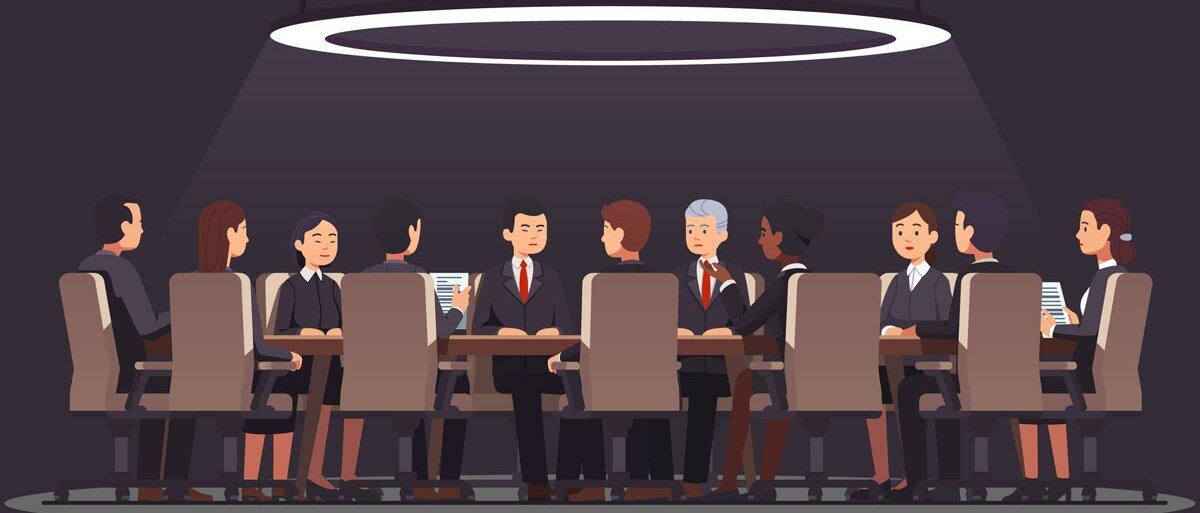 Eine grafische Darstellung mehrerer Personen, die um einen runden Tisch herum sitzen und sich beraten.