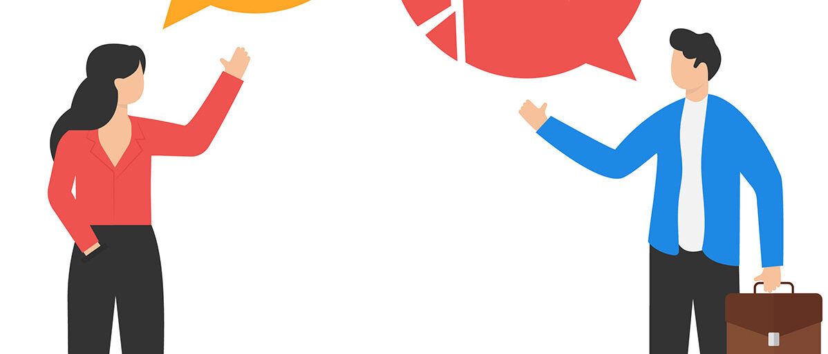 Graphische Darstellung von zwei Menschen mit unterschiedlicher Meinung. Gebrochene Sprechblasen.