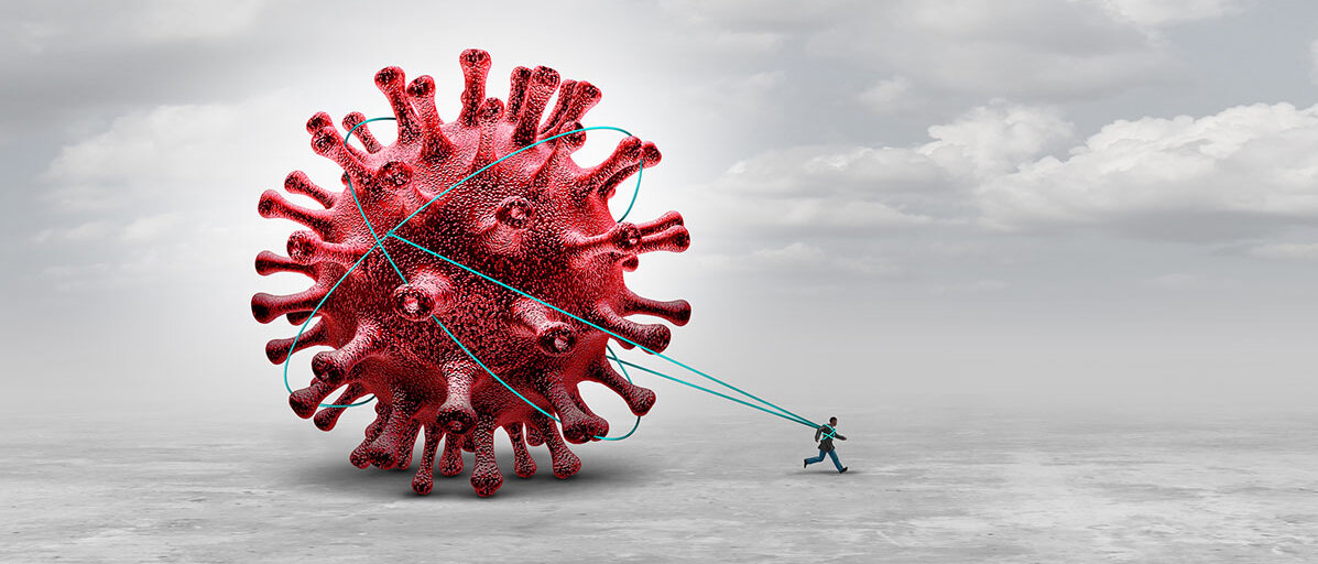 Illustration: Mann ist an riesiges Virus gebunden und zieht es hinter sich her.