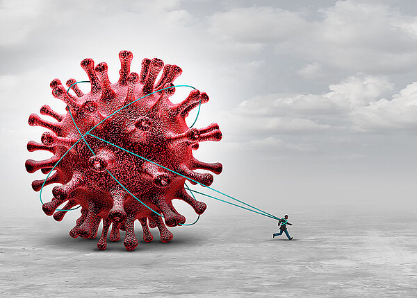 Illustration: Mann ist an riesiges Virus gebunden und zieht es hinter sich her.