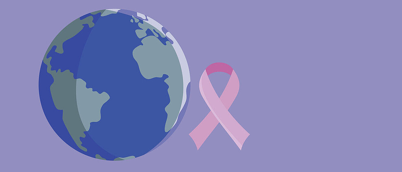 Weltkugel und rechts daneben eine rosa Schleife, Symbol Weltkrebstag