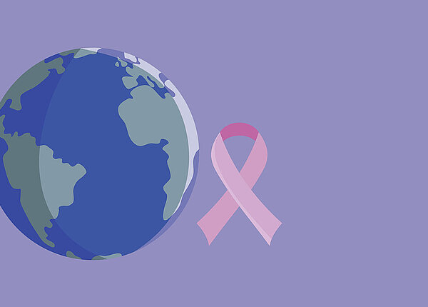 Weltkugel und rechts daneben eine rosa Schleife, Symbol Weltkrebstag