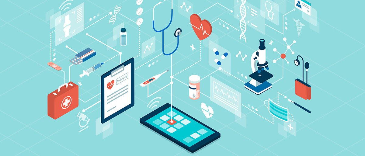 Eine Illustration zeigt ein Smartphone, das mit verschiedenen Dingen verbunden ist: Einem Röntgenbild, einem Stethoskop, einem Mikroskop, einer Arzneimittelpackung und einem Blutdruckmessgerät zum Beispiel.