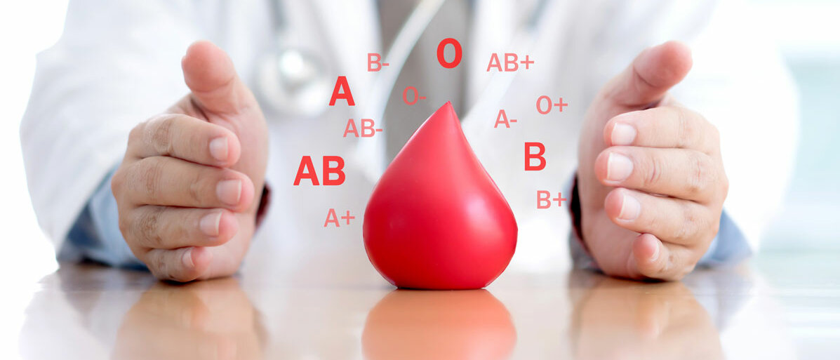 Roter Blutstropfen in der Mitte und drum herum Buchstaben für die Blutgruppe