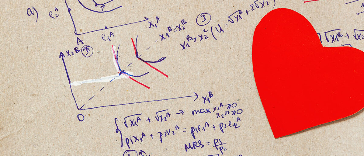 Formel für die Liebe Ein roter Herzausschnitt auf Mathematikformeln