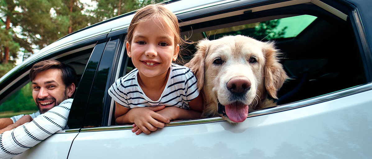 Hund und Mädchen schauen gemeinsam aus dem Fenster des Autos