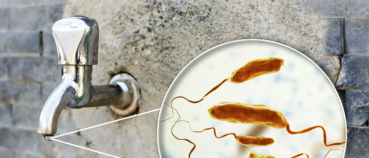 Wasserhahn und rechts nebendran eine Petrischale mit Cholera Erregern